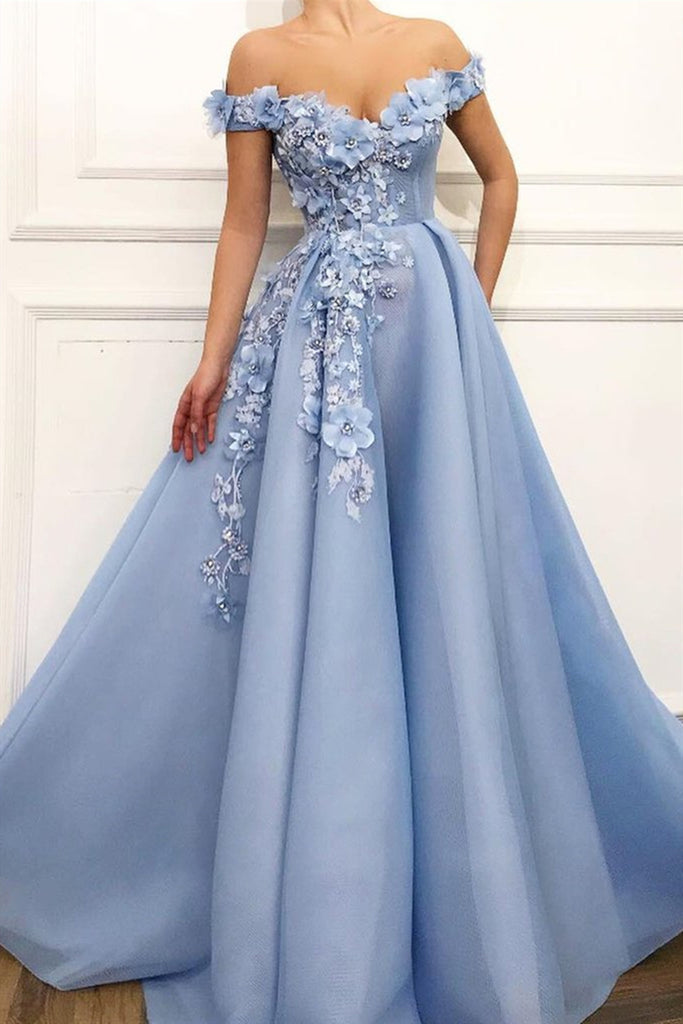 Blue Lace Floral Long Prom Dresses ...